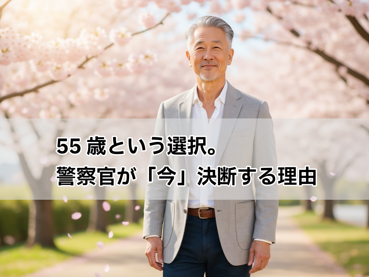 警察官を定年退職し第二の人生をスタートさせた50代男性が、明るい屋外で前向きな表情を見せている