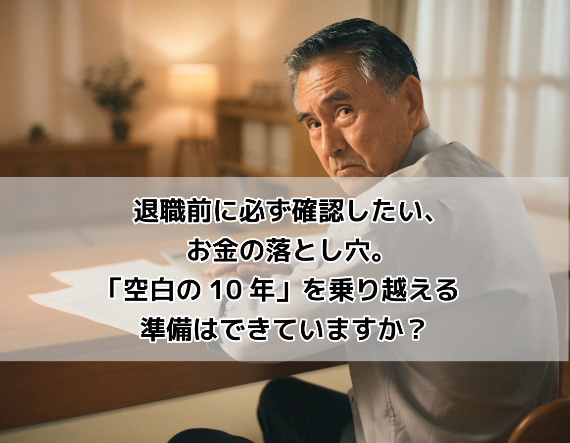 早期退職後の年金空白期間や退職金を慎重に計算する50代男性が、書斎で書類と電卓に向き合っている