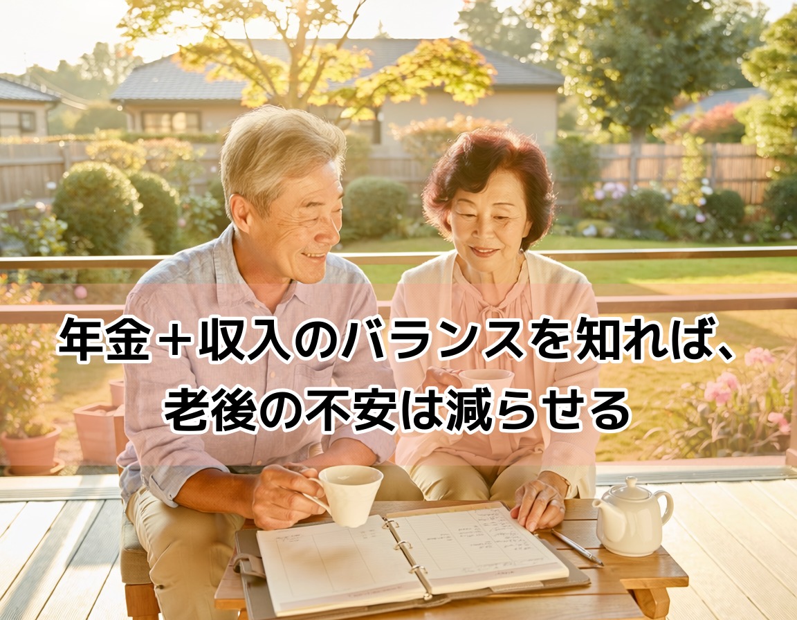 定年後の生活設計を夫婦で考えているシニアカップルが家計ノートを見ている様子