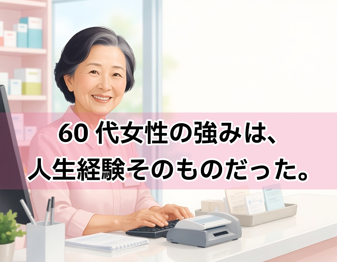 60代女性が薬局・医療受付で笑顔で働く定年後の再就職をイメージしたイラスト画像