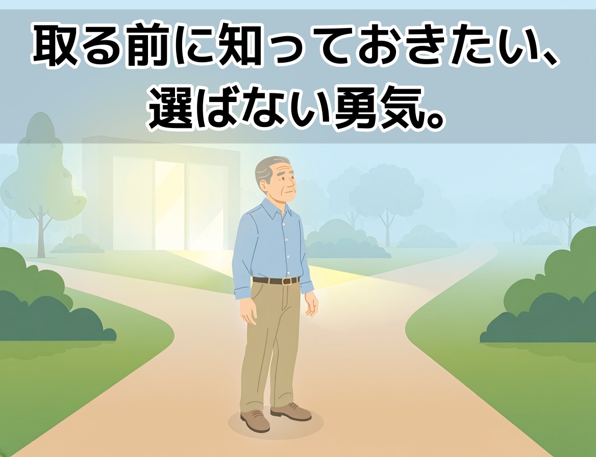 二つの道の分岐点で資格選びを考えるシニア男性のフラットイラスト画像