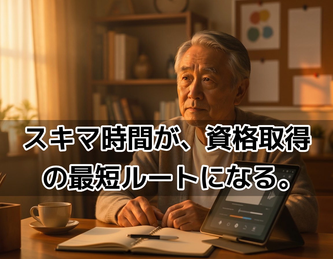60代男性がタブレットでオンライン通信講座を受講している自宅学習のイメージ画像