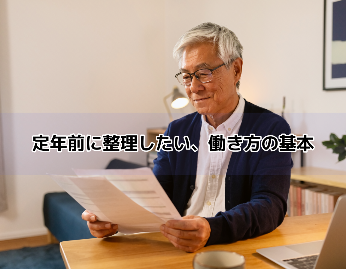 60代の男性が自宅の書斎で定年後の雇用制度や再任用に関する書類を読み込んでいる。定年延長・再雇用制度を理解するシニアのイメージ