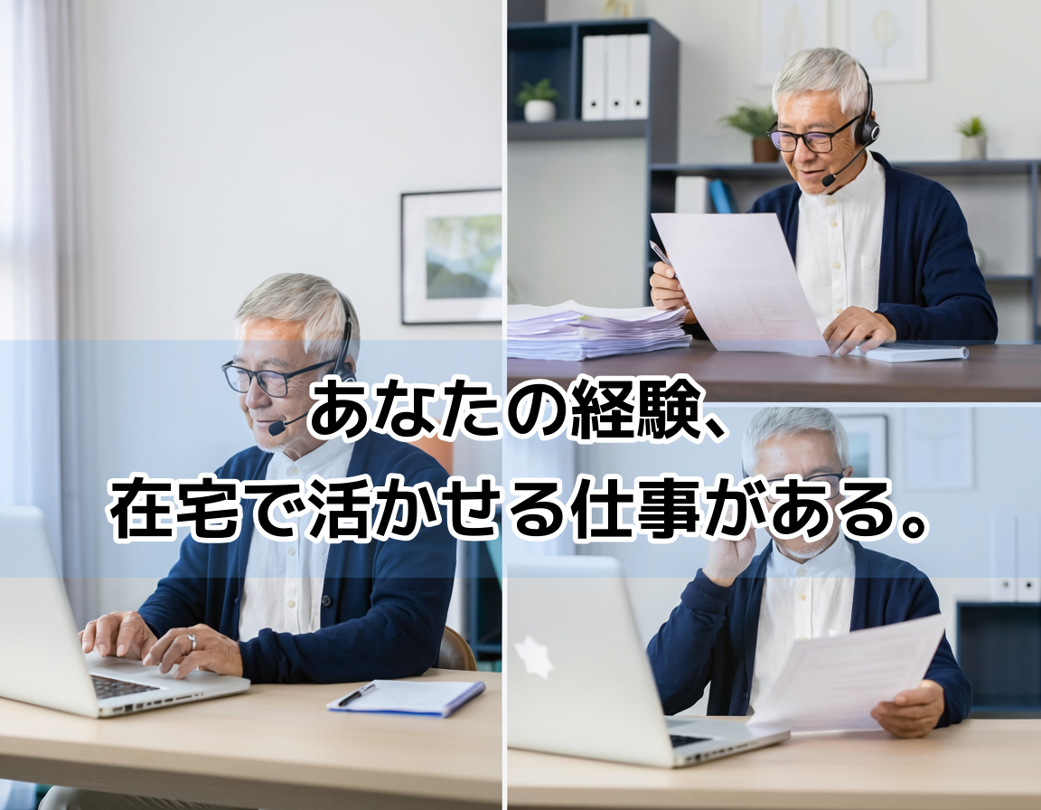 在宅ワークの複数シーンを表現した画像。データ入力・校正・コールセンター業務に取り組む60代日本人男性の仕事風景。清潔感のあるホームオフィス環境。