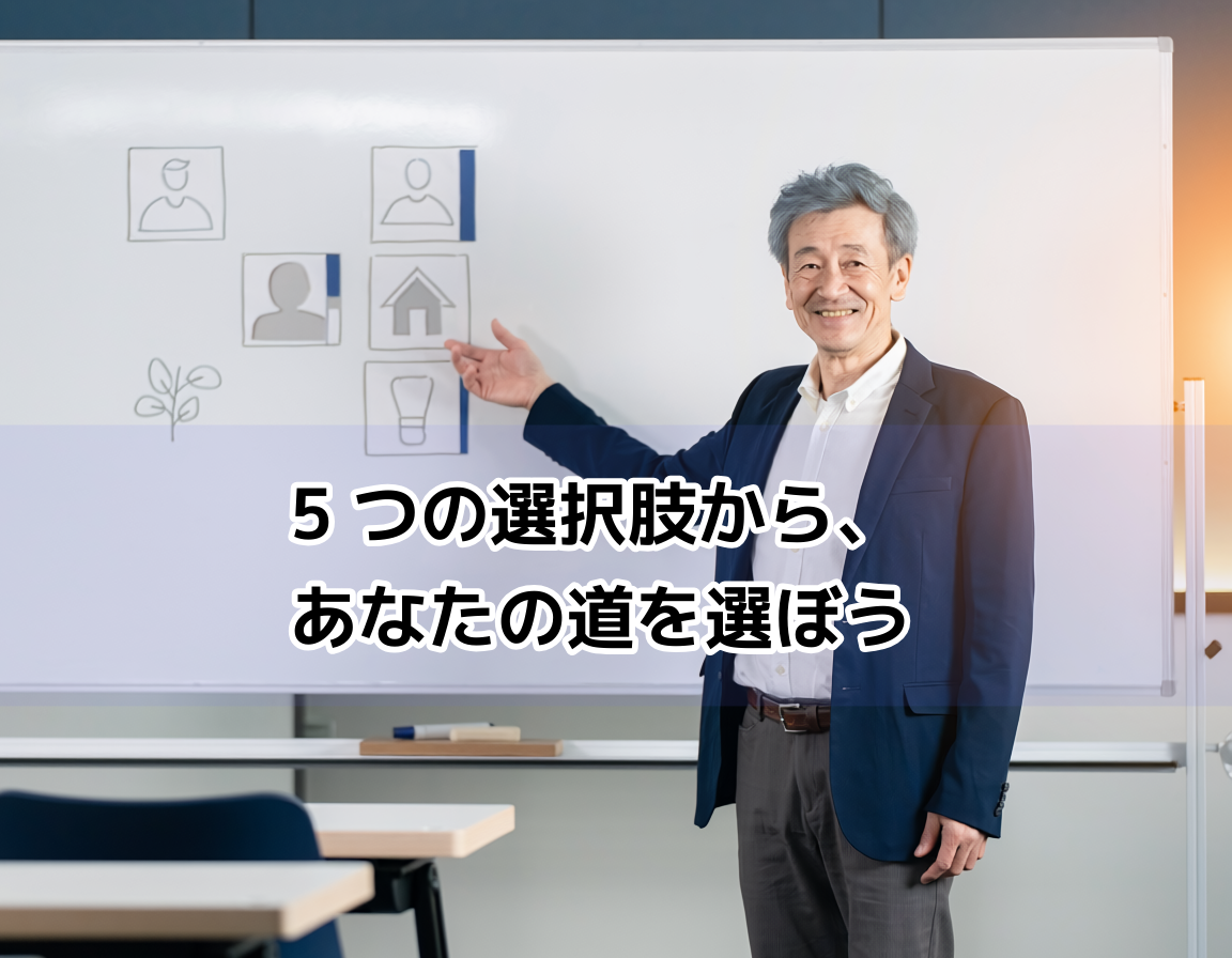 60代の元教員男性がホワイトボードの前に立ち、定年後の仕事の選択肢を指差しながら説明している。塾講師・学童・企業研修など5つの仕事を比較するイメージ