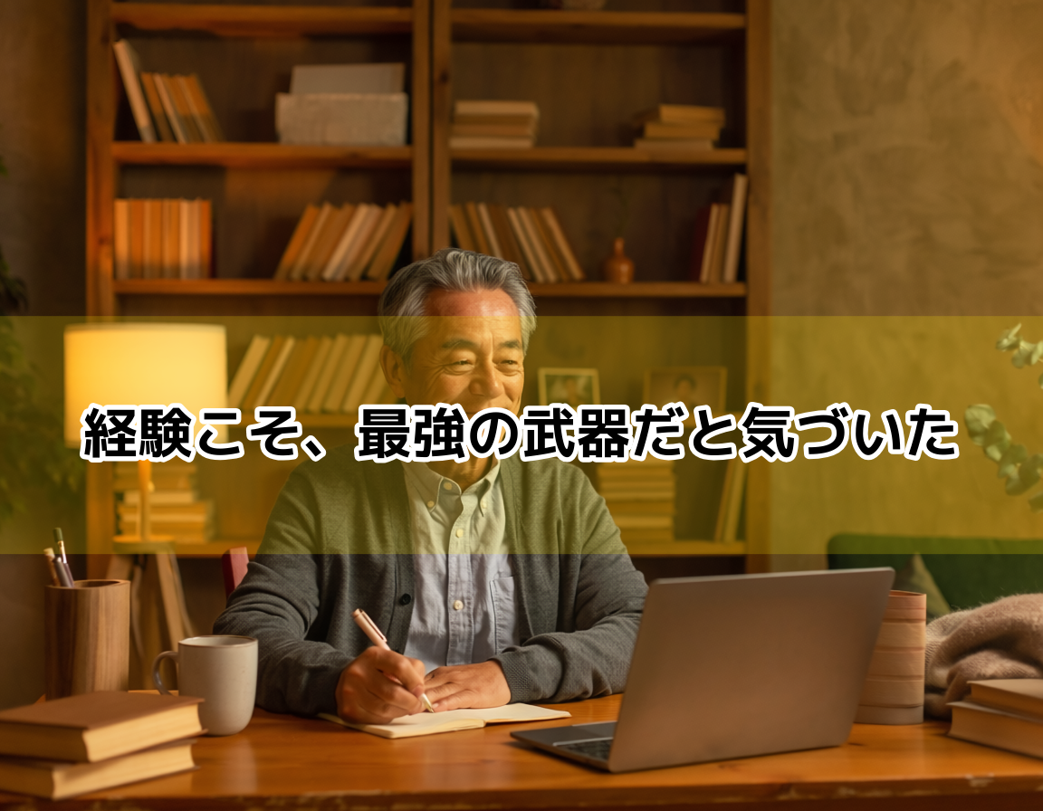 60代の男性が自宅のワークスペースでノートに考えを書き留めながら穏やかに微笑んでいる。長年の経験を活かした働き方を振り返るシニアのイメージ
