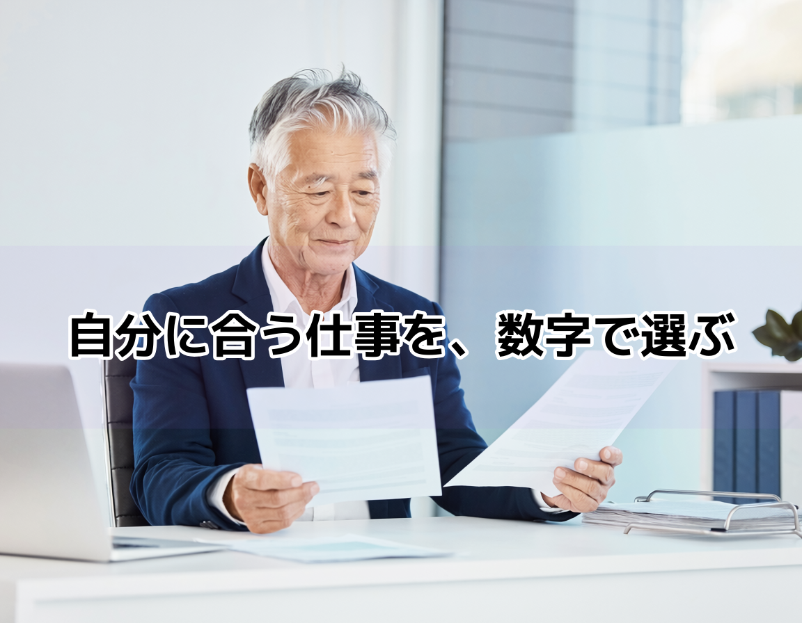 60代の男性が明るいデスクで2枚の書類を並べて比較している。スキル・収入・体力負担など6項目で仕事を評価・分析するシニアのイメージ