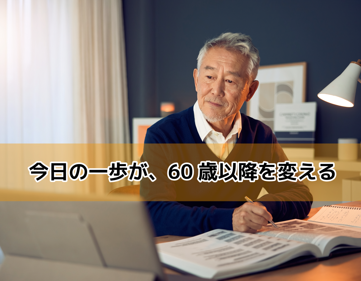 50代後半の日本人男性が自宅のデスクで資格取得の勉強に集中している画像|消防士が定年前に準備すべき資格・転職活動を解説するセクション用