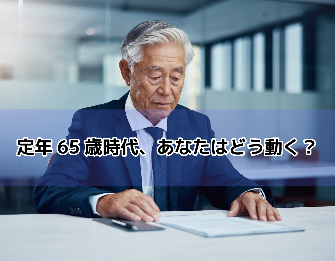 50代後半の日本人男性がオフィスで定年制度の資料を確認している画像|公務員定年引き上げ65歳の解説セクション用
