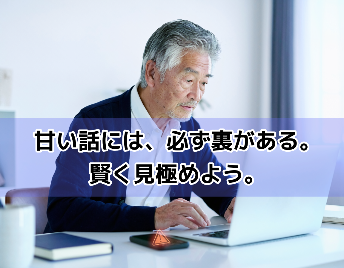 ノートパソコンの画面を注意深く確認する60代の日本人男性。詐欺案件を慎重に見極める姿勢を表現。明るい室内で鋭く落ち着いた表情を浮かべている。