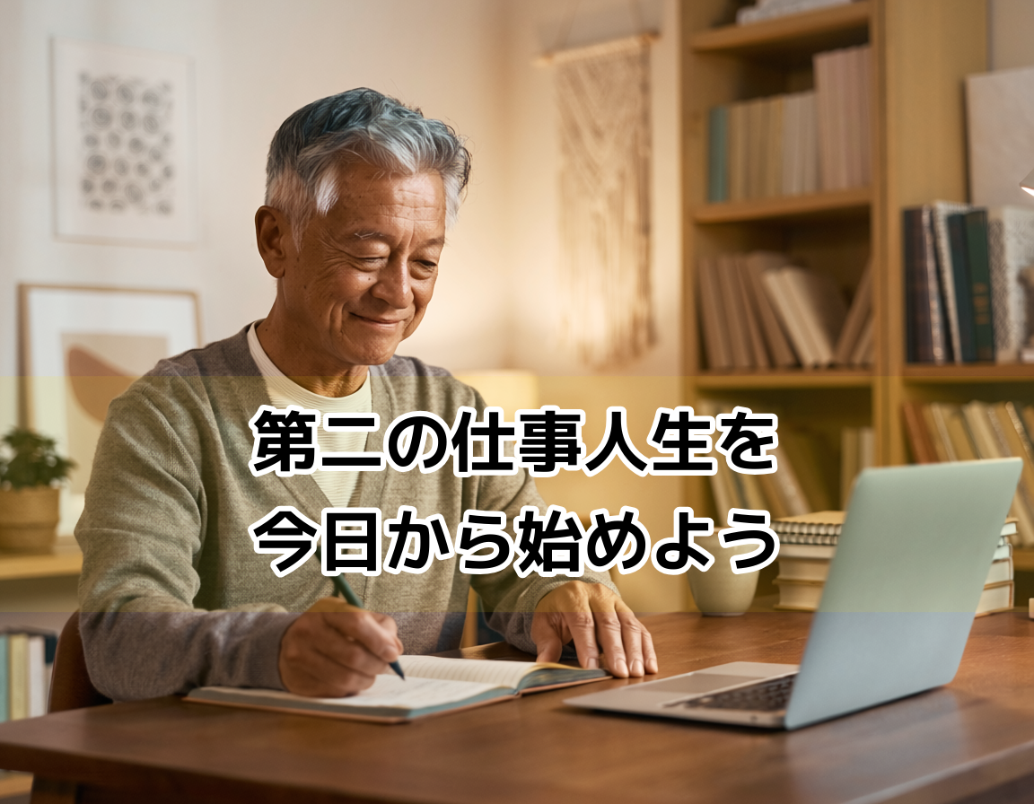 60代の男性が明るい屋外で前向きな表情で遠くを見つめている。定年後のセカンドキャリアに希望を持って踏み出すシニアのイメージ