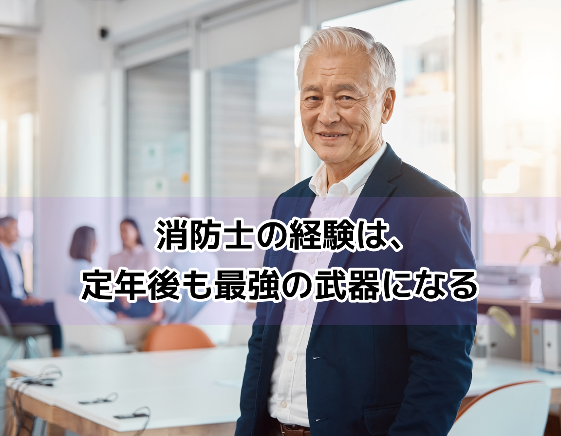 60代の元消防士男性が自信ある表情でオフィスに立つアイキャッチ画像｜消防士の定年後の仕事・セカンドキャリアをテーマにした記事のメインビジュアル