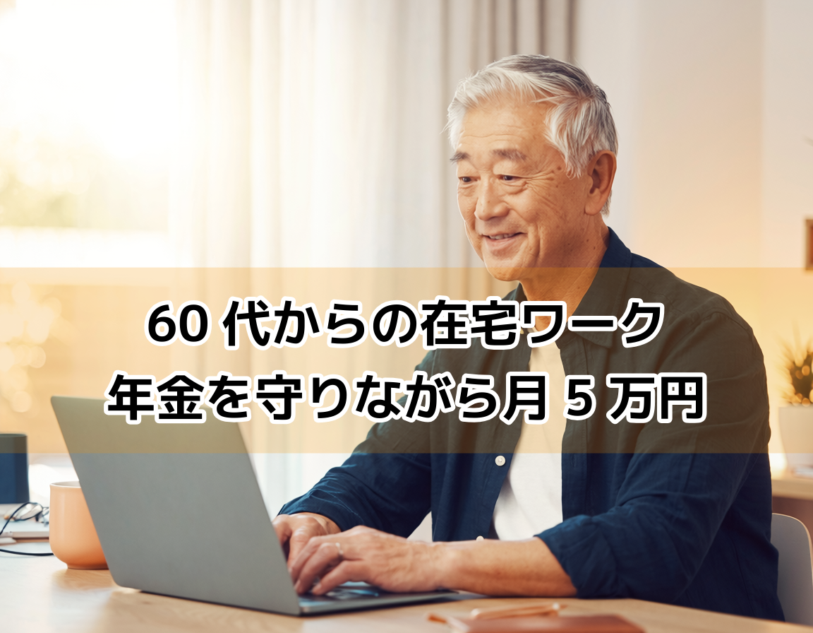 60代の日本人男性が自宅のデスクでノートパソコンを操作し、笑顔で在宅ワークに取り組んでいる様子。明るい自然光が差し込む清潔感のある作業環境。