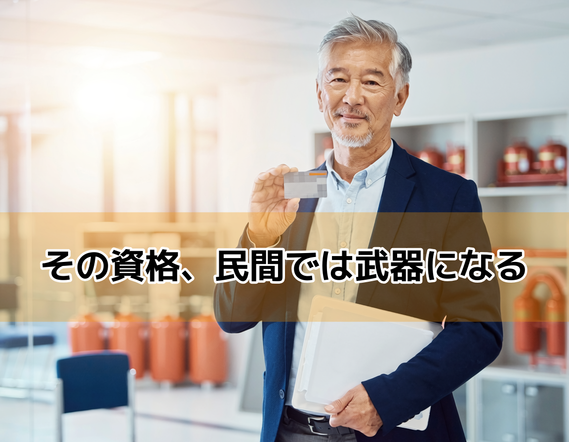 60代の元消防士男性が資格証明書を手に自信ある表情で立つ画像|消防設備士・救急救命士などの資格の市場価値を解説するセクション用