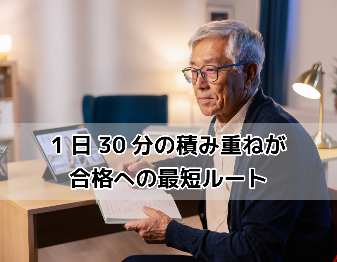 夕方の自宅デスクでテキストとタブレット講座を使い学習する60代男性。シニアの資格勉強・通信講座活用場面をイメージした画像。